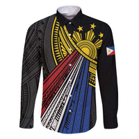Philippines Sun Family Matching Tank Maxi Dress and Hawaiian Shirt Pasifika Tribal Style LT7 Dad's Shirt - Long Sleeve Black - Polynesian Pride