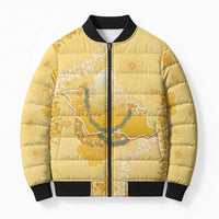Hawaii Oahu Island Flowers Lei Bomber Puffer Jacket Yellow Ilima Mix Plumeria