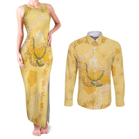Hawaii Oahu Island Flowers Lei Couples Matching Tank Maxi Dress and Long Sleeve Button Shirt Yellow Ilima Mix Plumeria