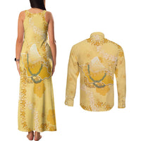 Hawaii Oahu Island Flowers Lei Couples Matching Tank Maxi Dress and Long Sleeve Button Shirt Yellow Ilima Mix Plumeria