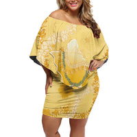 Hawaii Oahu Island Flowers Lei Family Matching Off Shoulder Short Dress and Hawaiian Shirt Yellow Ilima Mix Plumeria LT7 Mom's Dress Yellow - Polynesian Pride