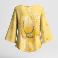 Hawaii Oahu Island Flowers Lei Kimono Sleeve Blouse Yellow Ilima Mix Plumeria LT7 - Polynesian Pride