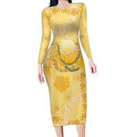 Hawaii Oahu Island Flowers Lei Long Sleeve Bodycon Dress Yellow Ilima Mix Plumeria LT7 Long Dress Yellow - Polynesian Pride
