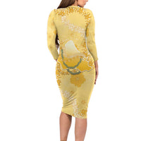 Hawaii Oahu Island Flowers Lei Long Sleeve Bodycon Dress Yellow Ilima Mix Plumeria LT7 - Polynesian Pride
