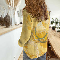 Hawaii Oahu Island Flowers Lei Women Casual Shirt Yellow Ilima Mix Plumeria