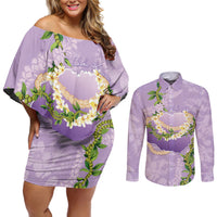 Hawaii Kauai Island Flowers Lei Couples Matching Off Shoulder Short Dress and Long Sleeve Button Shirt Mokihana Lei LT7 Lavender - Polynesian Pride