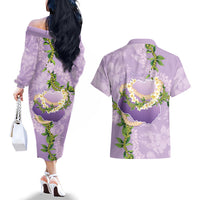 Hawaii Kauai Island Flowers Lei Couples Matching Off The Shoulder Long Sleeve Dress and Hawaiian Shirt Mokihana Lei LT7 - Polynesian Pride