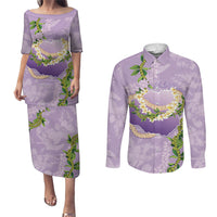 Hawaii Kauai Island Flowers Lei Couples Matching Puletasi and Long Sleeve Button Shirt Mokihana Lei LT7 Lavender - Polynesian Pride