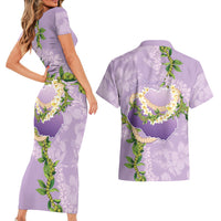 Hawaii Kauai Island Flowers Lei Couples Matching Short Sleeve Bodycon Dress and Hawaiian Shirt Mokihana Lei LT7 - Polynesian Pride