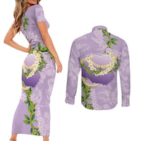 Hawaii Kauai Island Flowers Lei Couples Matching Short Sleeve Bodycon Dress and Long Sleeve Button Shirt Mokihana Lei