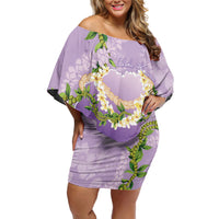 Hawaii Kauai Island Flowers Lei Family Matching Off Shoulder Short Dress and Hawaiian Shirt Mokihana Lei LT7 Mom's Dress Lavender - Polynesian Pride