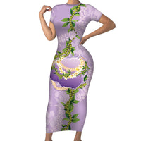 Hawaii Kauai Island Flowers Lei Short Sleeve Bodycon Dress Mokihana Lei LT7 Long Dress Lavender - Polynesian Pride