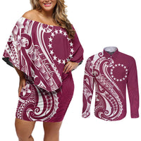 Kia Orana Cook Islands Couples Matching Off Shoulder Short Dress and Long Sleeve Button Shirt Maroon Plumeria Tropical Waves - Polynesian Pride