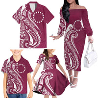 Kia Orana Cook Islands Family Matching Off The Shoulder Long Sleeve Dress and Hawaiian Shirt Maroon Plumeria Tropical Waves - Polynesian Pride