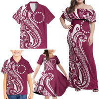 Kia Orana Cook Islands Family Matching Off Shoulder Maxi Dress and Hawaiian Shirt Maroon Plumeria Tropical Waves - Polynesian Pride
