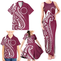 Kia Orana Cook Islands Family Matching Tank Maxi Dress and Hawaiian Shirt Maroon Plumeria Tropical Waves - Polynesian Pride