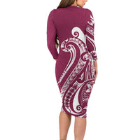 Kia Orana Cook Islands Long Sleeve Bodycon Dress Maroon Plumeria Tropical Waves LT7 - Polynesian Pride