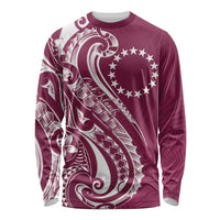 Kia Orana Cook Islands Long Sleeve Shirt Maroon Plumeria Tropical Waves - Polynesian Pride