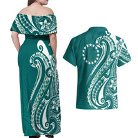 Kia Orana Cook Islands Couples Matching Off Shoulder Maxi Dress and Hawaiian Shirt Teal Plumeria Tropical Waves - Polynesian Pride