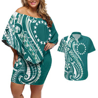 Kia Orana Cook Islands Couples Matching Off Shoulder Short Dress and Hawaiian Shirt Teal Plumeria Tropical Waves - Polynesian Pride