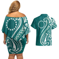 Kia Orana Cook Islands Couples Matching Off Shoulder Short Dress and Hawaiian Shirt Teal Plumeria Tropical Waves - Polynesian Pride