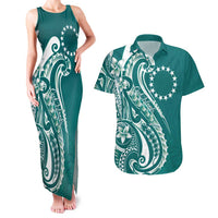 Kia Orana Cook Islands Couples Matching Tank Maxi Dress and Hawaiian Shirt Teal Plumeria Tropical Waves - Polynesian Pride