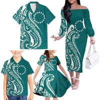 Kia Orana Cook Islands Family Matching Off The Shoulder Long Sleeve Dress and Hawaiian Shirt Teal Plumeria Tropical Waves - Polynesian Pride