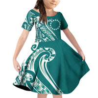 Kia Orana Cook Islands Family Matching Off Shoulder Short Dress and Hawaiian Shirt Teal Plumeria Tropical Waves - Polynesian Pride
