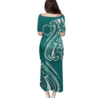 Kia Orana Cook Islands Family Matching Puletasi and Hawaiian Shirt Teal Plumeria Tropical Waves - Polynesian Pride