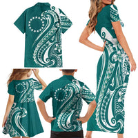 Kia Orana Cook Islands Family Matching Short Sleeve Bodycon Dress and Hawaiian Shirt Teal Plumeria Tropical Waves - Polynesian Pride