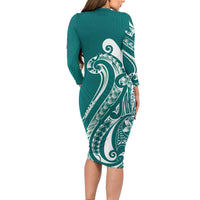 Kia Orana Cook Islands Long Sleeve Bodycon Dress Teal Plumeria Tropical Waves LT7 - Polynesian Pride