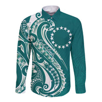 Kia Orana Cook Islands Long Sleeve Button Shirt Teal Plumeria Tropical Waves - Polynesian Pride