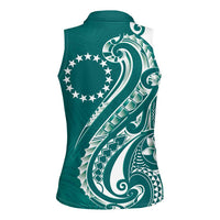 Kia Orana Cook Islands Women Sleeveless Polo Shirt Teal Plumeria Tropical Waves - Polynesian Pride