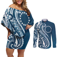 Kia Orana Cook Islands Couples Matching Off Shoulder Short Dress and Long Sleeve Button Shirt Auika Plumeria Tropical Waves - Polynesian Pride