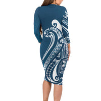 Kia Orana Cook Islands Long Sleeve Bodycon Dress Auika Plumeria Tropical Waves LT7 - Polynesian Pride