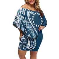 Kia Orana Cook Islands Off Shoulder Short Dress Auika Plumeria Tropical Waves LT7 Women Navy Blue - Polynesian Pride