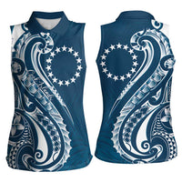 Kia Orana Cook Islands Women Sleeveless Polo Shirt Auika Plumeria Tropical Waves - Polynesian Pride
