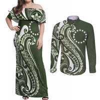 Kia Orana Cook Islands Couples Matching Off Shoulder Maxi Dress and Long Sleeve Button Shirt Matie Plumeria Tropical Waves LT7 Sage Green - Polynesian Pride