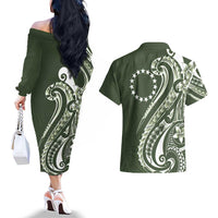 Kia Orana Cook Islands Couples Matching Off The Shoulder Long Sleeve Dress and Hawaiian Shirt Matie Plumeria Tropical Waves - Polynesian Pride