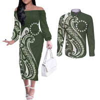 Kia Orana Cook Islands Couples Matching Off The Shoulder Long Sleeve Dress and Long Sleeve Button Shirt Matie Plumeria Tropical Waves - Polynesian Pride