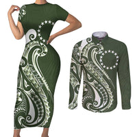 Kia Orana Cook Islands Couples Matching Short Sleeve Bodycon Dress and Long Sleeve Button Shirt Matie Plumeria Tropical Waves - Polynesian Pride