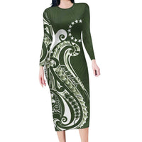 Kia Orana Cook Islands Long Sleeve Bodycon Dress Matie Plumeria Tropical Waves LT7 Long Dress Sage Green - Polynesian Pride