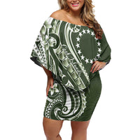 Kia Orana Cook Islands Off Shoulder Short Dress Matie Plumeria Tropical Waves LT7 Women Sage Green - Polynesian Pride
