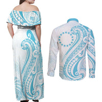 Kia Orana Cook Islands Couples Matching Off Shoulder Maxi Dress and Long Sleeve Button Shirt Moana Plumeria Tropical Waves LT7 - Polynesian Pride