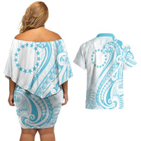 Kia Orana Cook Islands Couples Matching Off Shoulder Short Dress and Hawaiian Shirt Moana Plumeria Tropical Waves - Polynesian Pride