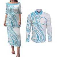 Kia Orana Cook Islands Couples Matching Puletasi and Long Sleeve Button Shirt Moana Plumeria Tropical Waves LT7 Turquoise - Polynesian Pride
