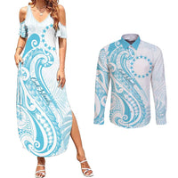Kia Orana Cook Islands Couples Matching Summer Maxi Dress and Long Sleeve Button Shirt Moana Plumeria Tropical Waves LT7 Turquoise - Polynesian Pride