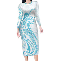 Kia Orana Cook Islands Long Sleeve Bodycon Dress Moana Plumeria Tropical Waves LT7 Long Dress Turquoise - Polynesian Pride