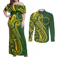 Kia Orana Cook Islands Couples Matching Off Shoulder Maxi Dress and Long Sleeve Button Shirt Plumeria Tropical Waves - Polynesian Pride
