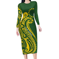 Kia Orana Cook Islands Long Sleeve Bodycon Dress Plumeria Tropical Waves LT7 Long Dress Yellow Green - Polynesian Pride